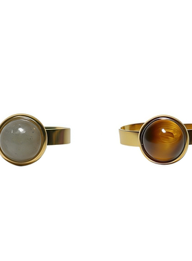 棕虎眼/灰月光石圆形戒面开口戒