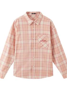 三福2026春季男士英文刺绣格纹长衬衫 休闲落肩翻领上衣518885