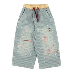 大耳象女童撞色腰破洞牛仔裤秋季新款宝儿潮流休闲百搭宽松长裤子