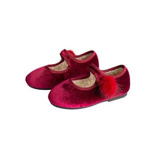 女童丝绒小皮鞋冬季加绒二棉鞋儿童可爱毛球公主鞋女宝红色年服鞋