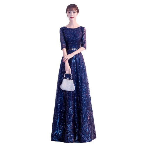 蓝色亮片妈妈晚礼服女高级感气质高端年会主持人大合唱演出服长裙