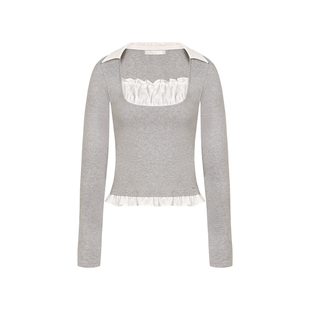 Kroche 26ss 法式浪漫 假两件 五瓣花拼色叠穿花边大U领修身T恤