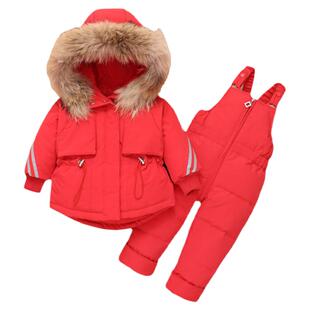 1-3岁婴幼儿童女宝宝羽绒服背带裤套装粉色分体两件套收腰中长款2