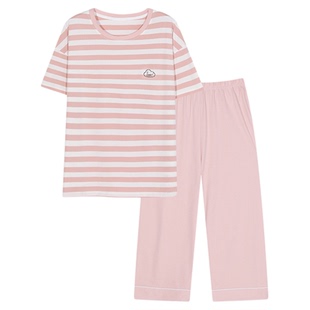 睡衣女款2026新款夏季纯棉短袖七分裤女士夏款大码条纹家居服套装
