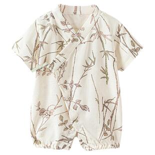 babylove婴儿短袖连体衣夏季薄款竹棉山茶纱布和尚服国风哈衣爬服