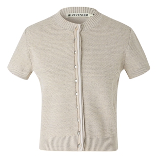 IIIVIVINIKO春季新款复古优雅宽松圆领短袖针织开衫女M413709619C