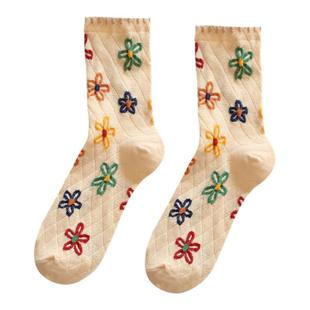 米吉诺拉 甜美立体浮雕彩色花花中筒袜子少女透气纯棉复古长袜子