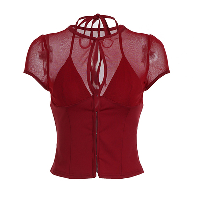 WEEKEEP 辣妹性感镂空网纱拼接圆领短袖T恤百搭修身挂脖系带上衣