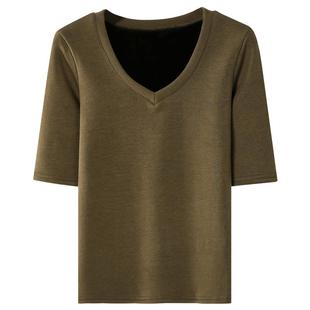 秋冬新款韩版V领修身加绒加厚保暖纯色中袖体恤上衣女内搭打底衫