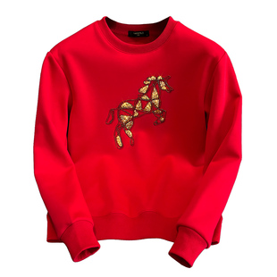 潮牌战马卫衣男士本命年男装刺绣马红色外套加绒无帽型男高街上衣