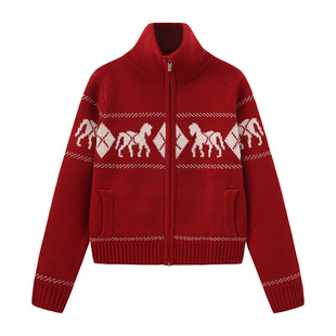 CUBIC趣味图案提花设计绵羊毛混纺立领双开头拉链针织开衫毛衣