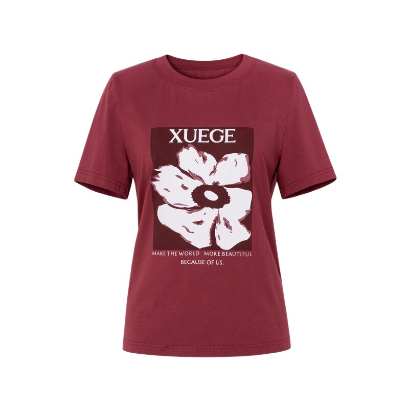 XG/雪歌XL201546A813花卉棉感短袖T恤2025夏季新款红色薄款上衣女