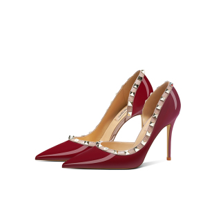 早春新款尖头铆钉高跟鞋女特细跟侧空鞋中跟鞋浅口单鞋大码柳丁鞋