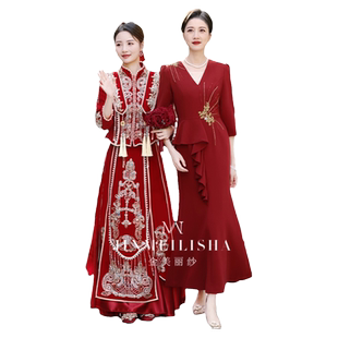 婚宴妈妈装礼服2025新款酒红色高级感气质长袖订婚喜婆婆晚礼服女