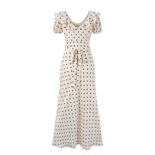 女士法式V 领泡泡袖波点收腰连衣裙Waist V Neck Polka Dot Dress