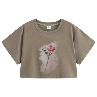 万有引力博物馆 油画玫瑰花正肩短袖T恤女夏季宽松短款露腰上衣