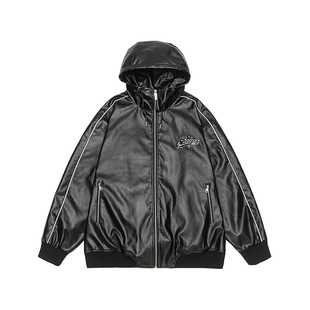 GOGOSOON秋装连帽男皮衣小牛津贴标街头潮夹克宽松百搭时尚外套Q