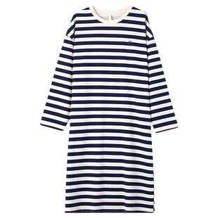 康妮雅条纹情侣纯棉睡衣女春秋款长袖睡裙宽松休闲大码全棉家居服