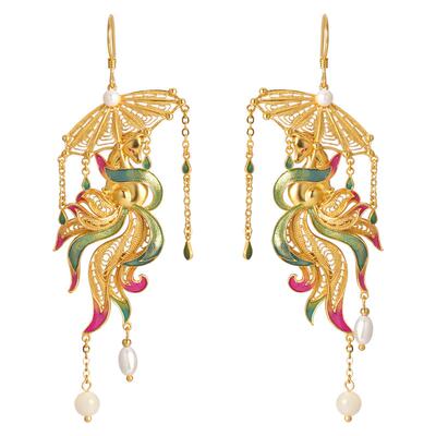 非遗花丝珐琅彩珍珠九尾狐狸耳坠