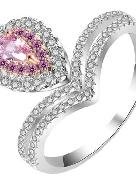 纯银粉色梨形情侣对戒彩钻女时尚