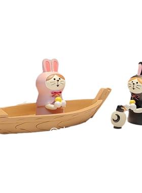 中秋划船赏月日式摆件 ins治愈卡通兔子桌面装饰树脂创意礼物