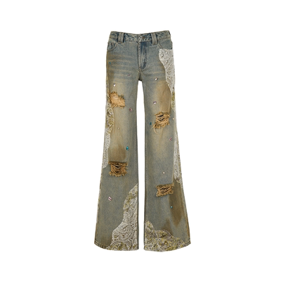 Howwell 25AW Pink Chaos 糖钻蕾丝拼接 破洞牛仔裤