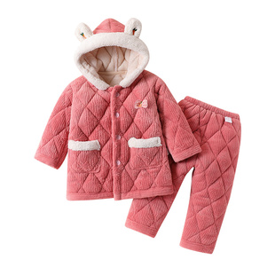 女童家居服套装秋冬季新款儿童宝宝休闲中长款法兰绒夹棉加厚睡衣