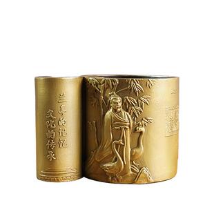 《兰亭序笔筒》铜金岁月全黄铜摆件工艺品铜器书房办公室桌面装饰