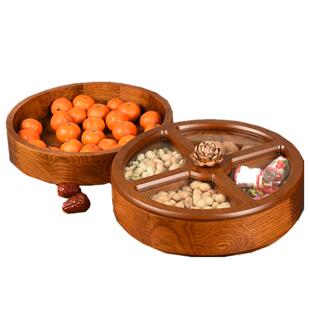 果盘干果盒轻奢家用木质客厅分格带盖双层旋转瓜子点心零食收纳盒