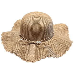 遮阳帽女防晒夏季韩版百搭珍珠带防风绳沙滩帽女士骑车遮脸草帽子