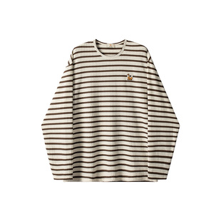 威廉福克斯长袖T恤立体织造提花条纹休闲百搭男款针织上衣宽松