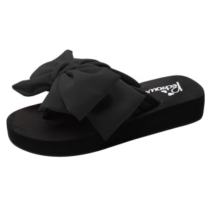 韩版学院风黑绿色时尚大蝴蝶结厚底松糕坡跟女夏夹脚人字沙滩拖鞋