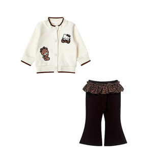 2025秋季新品女宝豹纹刺绣KT猫针织开衫婴幼儿上衣屁帘喇叭裤套装