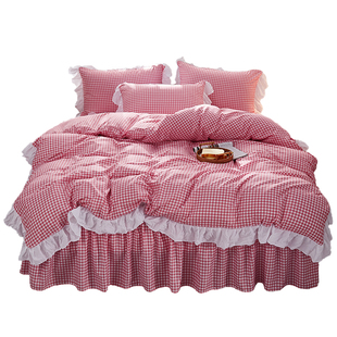 少女心全棉水洗棉床单床裙四件套春夏可裸睡学生宿舍荷叶花边被套