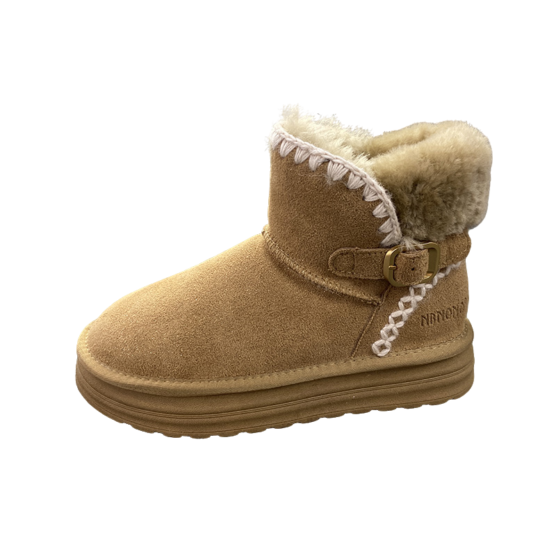 【娜家鞋店】闪耀星空珠光粉冬季皮带扣雪地靴真皮全羊毛棉鞋女鞋