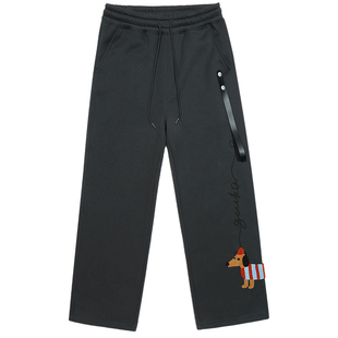 GUUKA潮牌复古深灰色加绒加厚卫裤男 冬季裤子腊肠小狗刺绣直筒裤