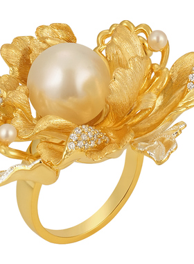 非遗錾刻牡丹国色珍珠银鎏金戒指