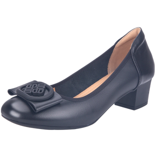 万里新款真皮单鞋时尚方扣通勤工作鞋百搭粗跟套脚女鞋HHT247