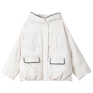 KEIKO 高级感机绣锁边白色短款羽绒服冬简约白鸭绒加厚连帽面包服