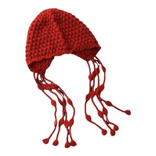 新款日系百搭甜美风针织系带保暖帽子秋冬护耳绑带流苏圆顶包头女