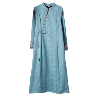 复古民族风棉麻加绒连衣裙冬季长款加厚刺绣改良旗袍裙宽松长裙子