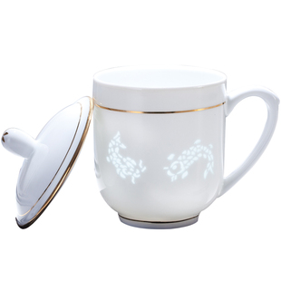 景德镇陶瓷茶杯带盖新骨瓷玲珑描金办公会议商务杯高档可定制LOGO