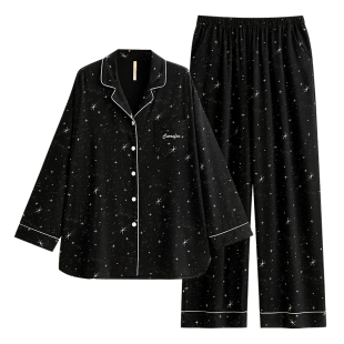 家乐芬睡衣女士春秋款秋季纯棉长袖家居服黑色大码休闲高级感套装