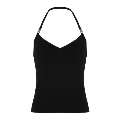 WEEKEEP 黑色性感V领低胸金属装饰挂脖吊带背心百搭基础露背上衣