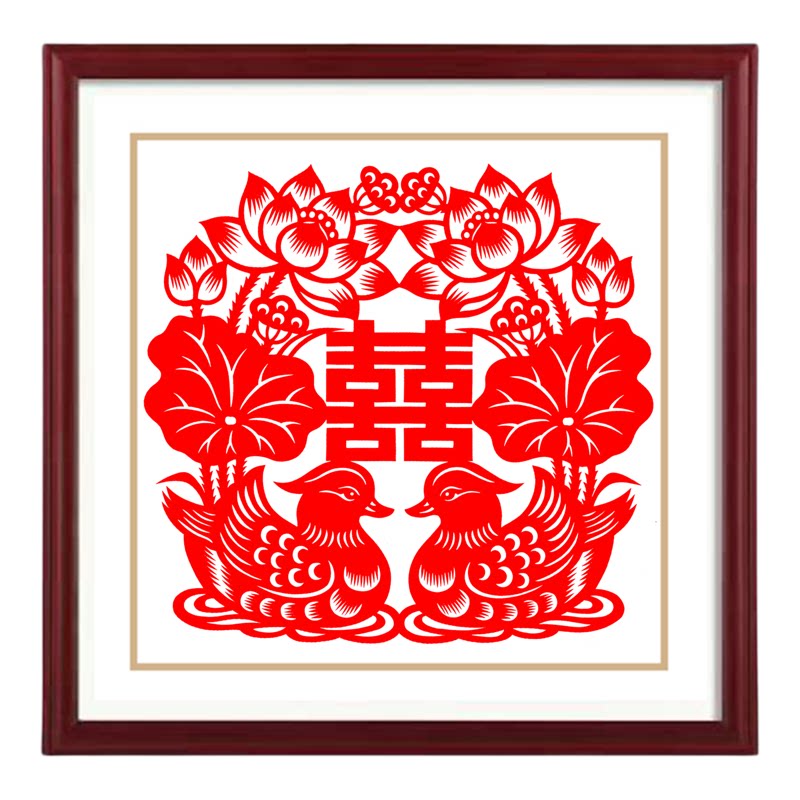 婚庆中国风红鸳鸯双喜剪纸贴