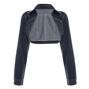 WEEKEEP 美式街头深蓝色翻领短款牛仔外套女复古百搭显瘦夹克上衣