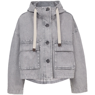 ONLY2026春季新款宽松利落短款立体翻盖口袋连帽落肩牛仔外套女