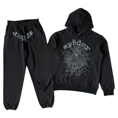 Sp5der 555555 Hoodies 经典蜘蛛网印花男女休闲连帽卫衣长裤套装