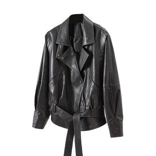 复古酷飒风翻领小羊皮真皮皮衣外套女春秋美式短款宽松机车皮夹克