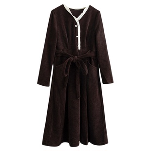 科尚中长款连衣裙女2026春季新款坑条纹裙子花边领收腰显瘦长裙